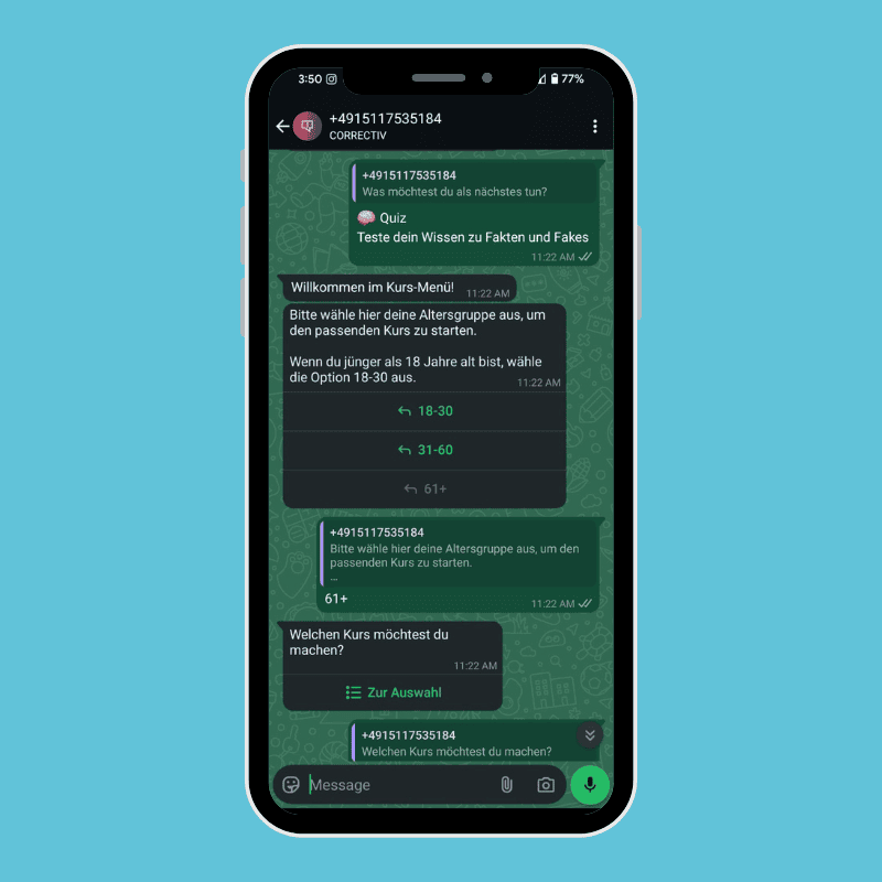 WhatsApp chatbot. Photograph: The Guardian Foundation