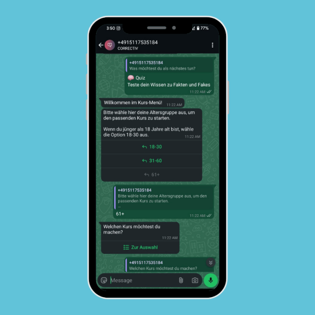 WhatsApp chatbot. Photograph: The Guardian Foundation
