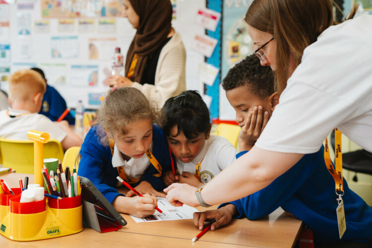 children crowded round worksheet